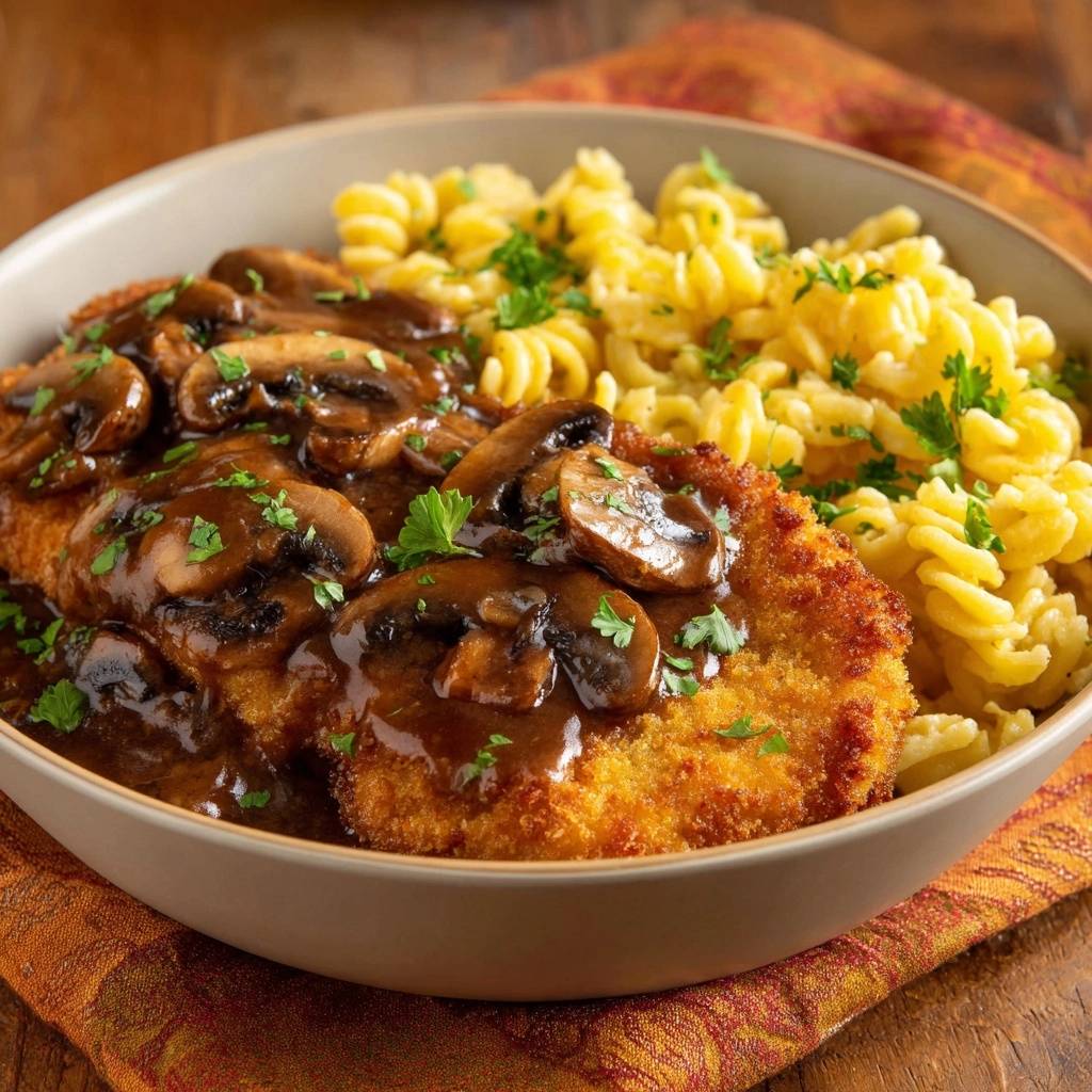 Knuspriges Jägerschnitzel mit Spirelli, serviert in einer Schüssel, mit reichlich Pilzrahmsoße und frischer Petersilie garniert.
