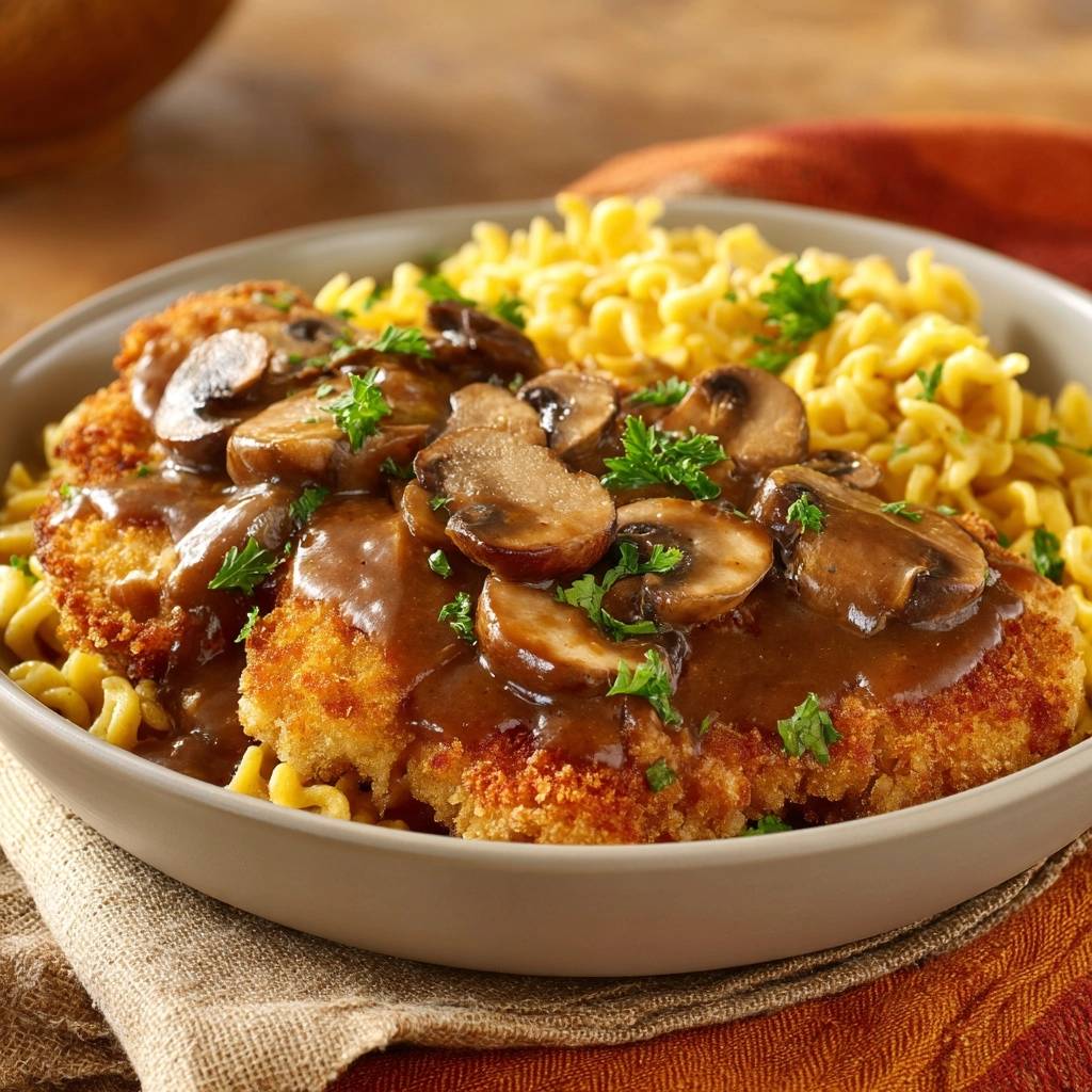 Knuspriges Jägerschnitzel mit Spirelli, serviert in einer Schüssel, mit reichlich Pilzrahmsoße und frischer Petersilie garniert.