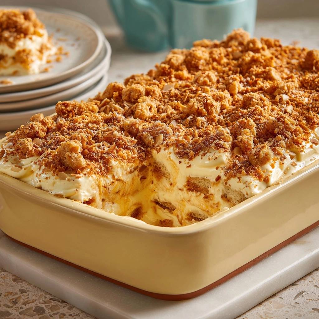 Knuspriges Nuss Creme Dessert Querschnitt 1 Knuspriges Nuss-Creme-Dessert mit einem Blick auf den cremigen Innenraum, hergestellt mit knusprigen Streuseln und Nüssen.