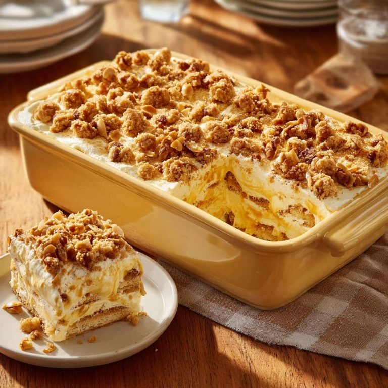 Knuspriges Nuss-Creme-Dessert serviert: Eine Scheibe des cremigen Desserts auf einem Teller, daneben die Auflaufform mit Anschnitt.