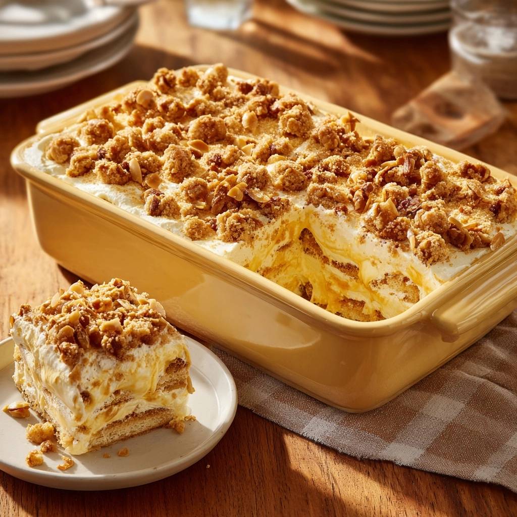 Knuspriges Nuss-Creme-Dessert serviert: Eine Scheibe des cremigen Desserts auf einem Teller, daneben die Auflaufform mit Anschnitt.