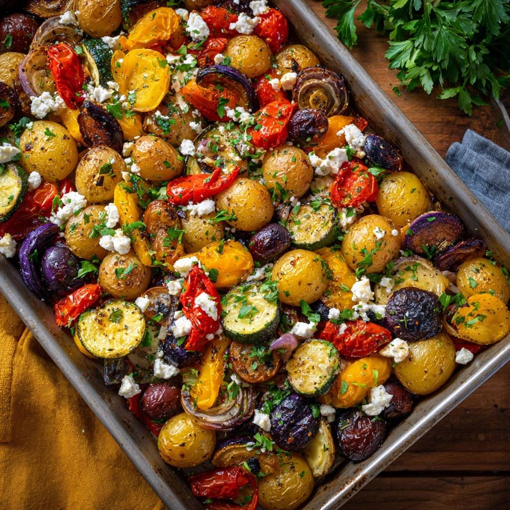 Knuspriges Ofengemüse mit Babykartoffeln und Feta in einer Auflaufform, garniert mit frischer Petersilie und zerbröseltem Feta.