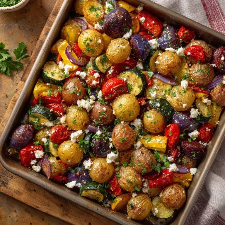 Knuspriges Ofengemüse mit Babykartoffeln und Feta in einer Auflaufform, garniert mit frischer Petersilie und zerbröseltem Feta.