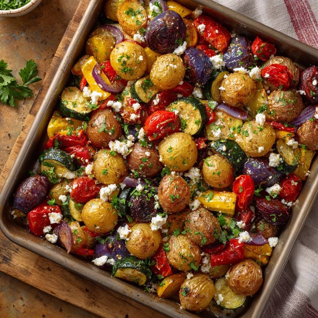 Knuspriges Ofengemüse mit Babykartoffeln und Feta in einer Auflaufform, garniert mit frischer Petersilie und zerbröseltem Feta.