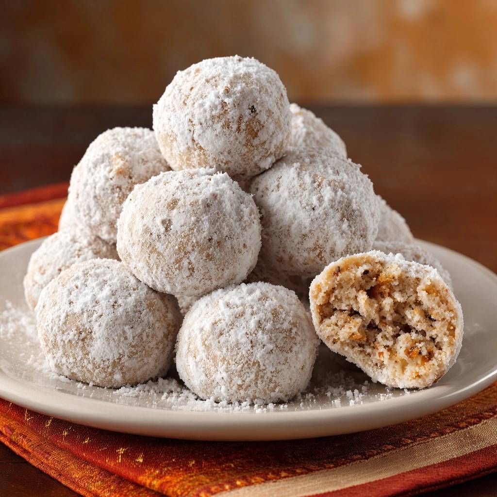 Kokos Schneekugeln Querschnitt 1 Kokos-Schneekugeln zeigen hier einen köstlichen Querschnitt, der die nussige Füllung und die zarte Textur dieser Weihnachtsplätzchen offenbart.