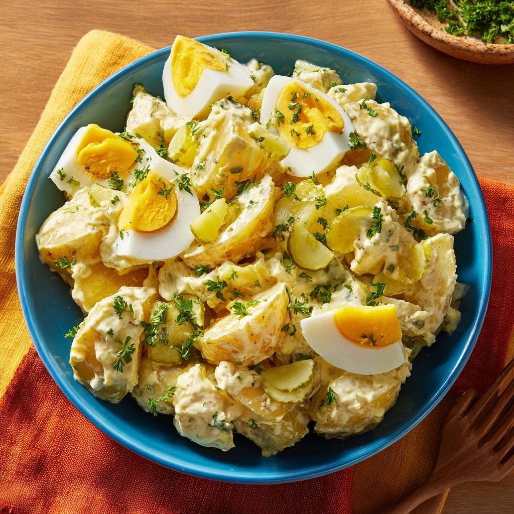 Kraeuter Kartoffelsalat Mit Ei Und Gurke Draufsicht 1 Kräuter-Kartoffelsalat mit Ei und Gurke in einer blauen Schüssel, serviert mit frischer Petersilie und knackigen Gurkenscheiben.