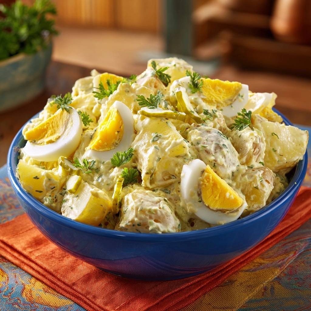Kräuter-Kartoffelsalat mit Ei und Gurke in einer Nahaufnahme, der die cremige Textur mit Eiern und Gurken zeigt, garniert mit frischer Petersilie.