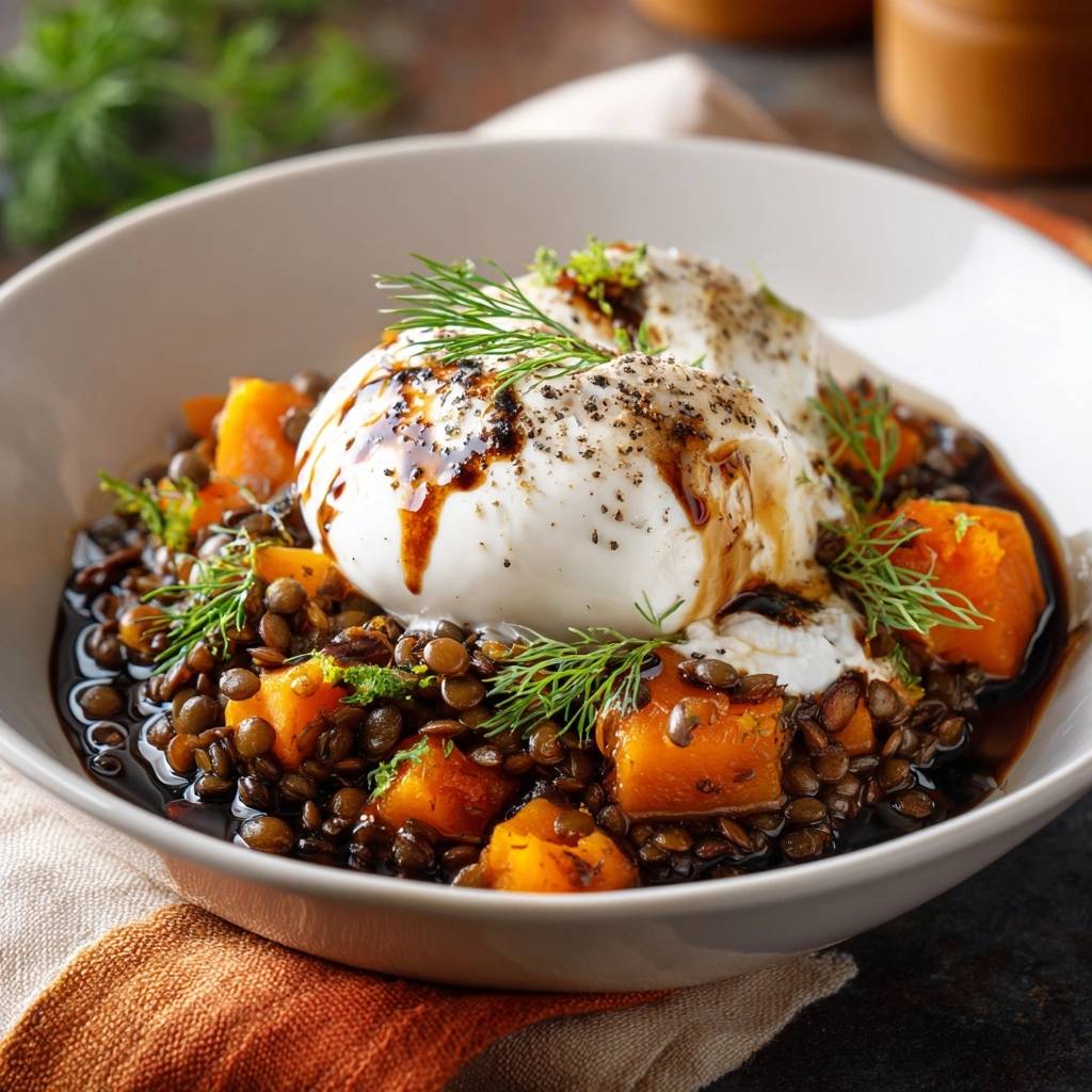 Kürbis-Linsen-Bowl mit Burrata, serviert in einer Schüssel, garniert mit frischem Dill und Balsamico-Glasur. Ein köstliches vegetarisches Gericht.