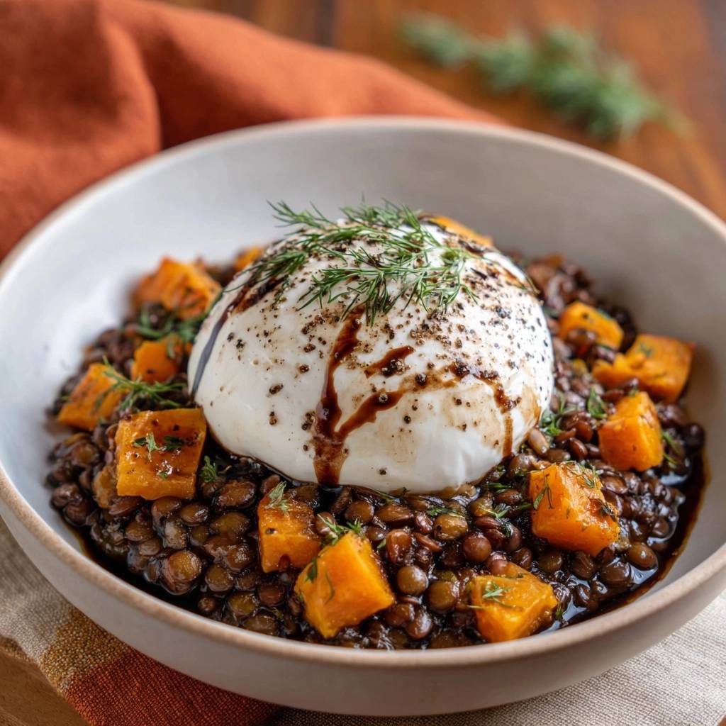 Kuerbis Linsen Bowl Mit Burrata Draufsicht Serviert 1 Kürbis-Linsen-Bowl mit Burrata in einer Schüssel serviert, garniert mit frischen Kräutern und Balsamico-Glasur.
