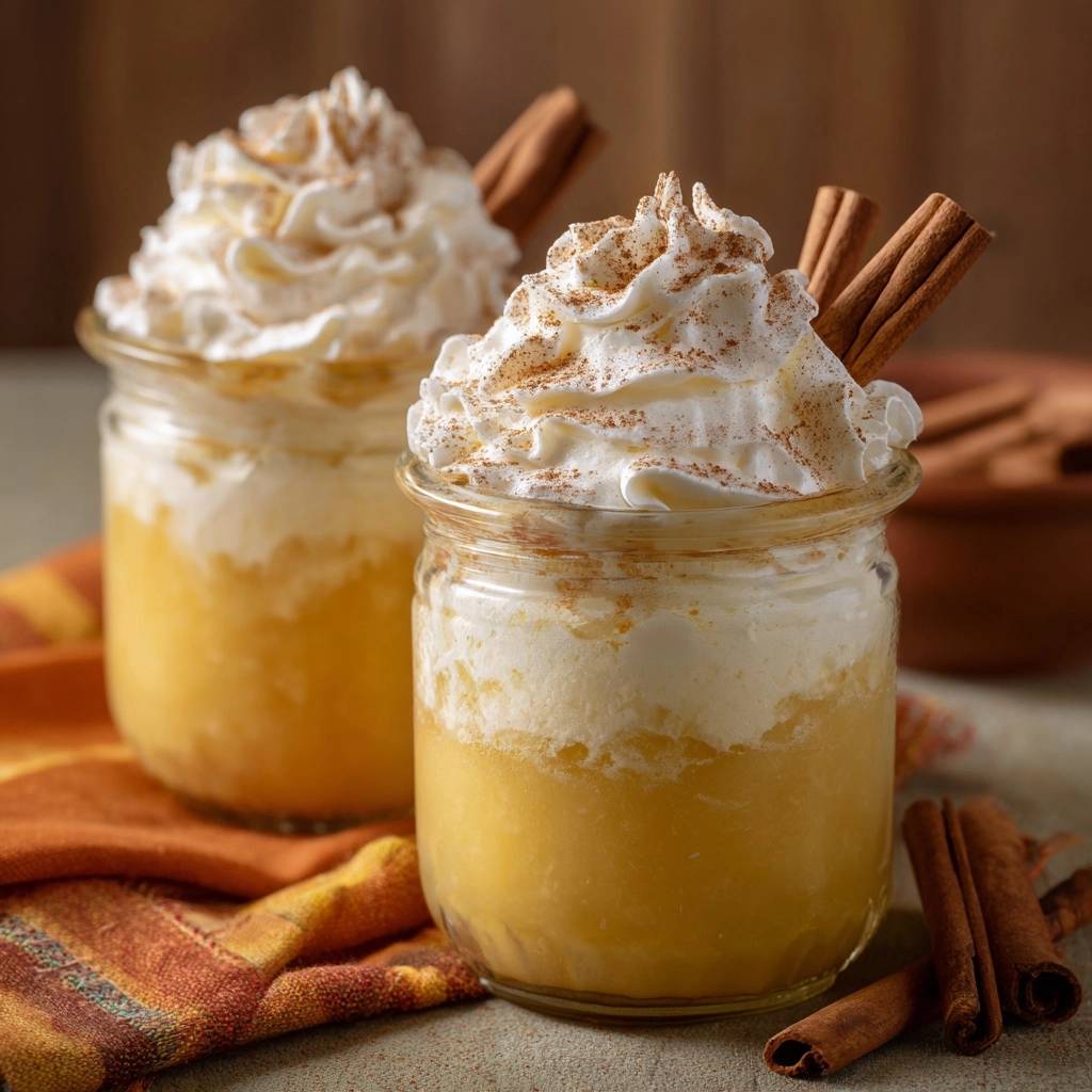 Kürbis-Zimt-Creme im Glas mit Sahne und Zimt, eine Nahaufnahme zeigt die Texturen und Zutaten. Zwei Gläser mit Dessert.