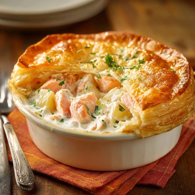 Lachs-Kartoffel-Auflauf mit Blätterteighaube: Ein Nahaufnahme-Querschnitt zeigt die cremige Füllung mit Lachs und Kartoffeln unter der goldbraunen Haube.