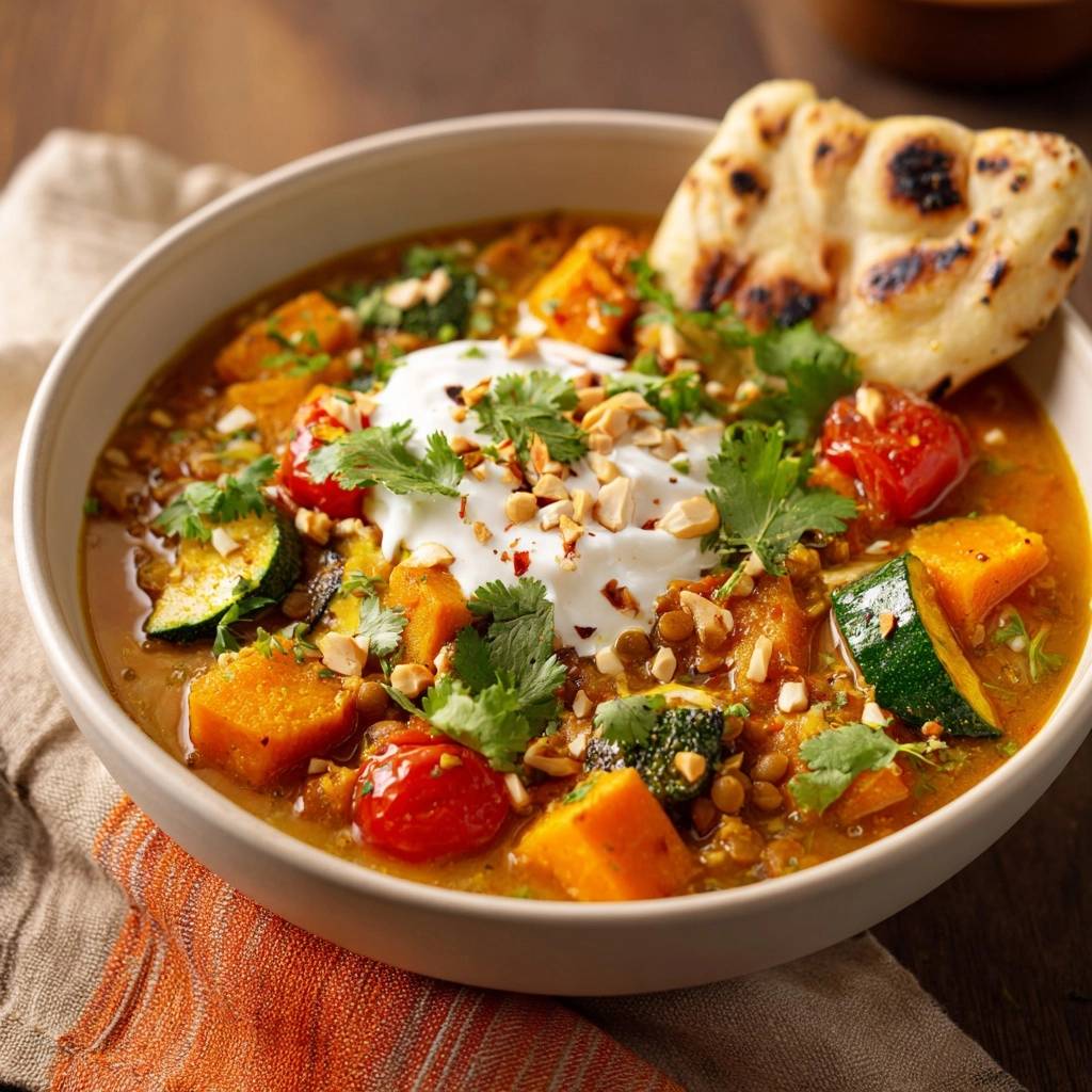 Cremiges Linsen-Curry mit Süßkartoffeln, garniert mit Joghurt, Koriander und Erdnüssen, serviert mit Naan.