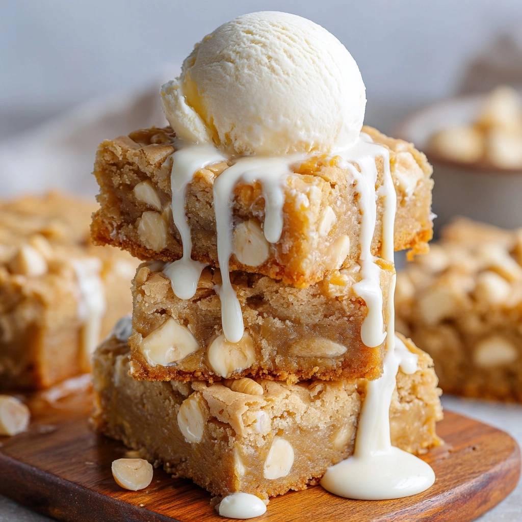 Macadamia-Blondies mit Vanilleeis und Karamell, gestapelt auf einem Holzbrett, mit geschmolzenem Eis und Nüssen.