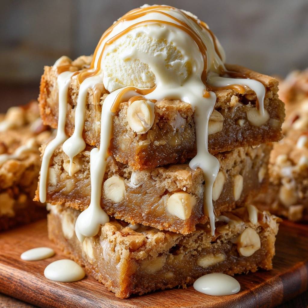 Macadamia-Blondies mit Vanilleeis und Karamell, gestapelt auf einem Holzbrett, mit weißer Schokolade und Karamell beträufelt.