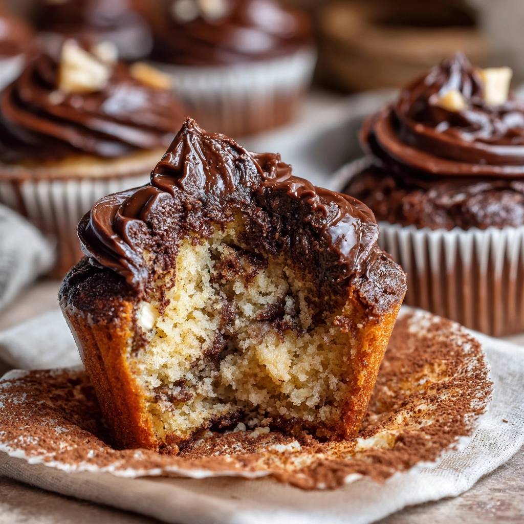 Marmor-Cupcakes mit Schokohaube zeigen einen unwiderstehlichen Querschnitt, der die saftige Textur des Kuchens und die cremige Glasur offenbart.