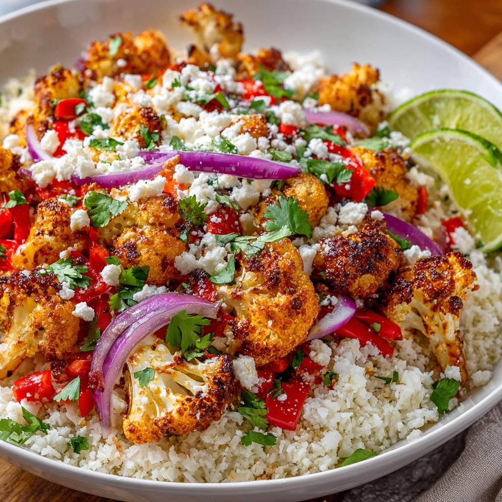 Mediterrane Blumenkohl-Bowl mit Feta: Eine vollständige Draufsicht zeigt das knusprige Blumenkohlgericht mit Feta und frischen Kräutern.