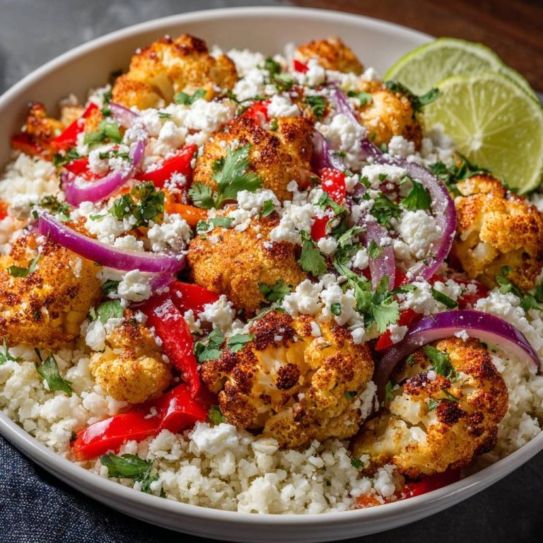 Mediterrane Blumenkohl-Bowl mit Feta, von oben serviert, mit knusprigem Blumenkohl, rotem Paprika, Zwiebeln, Feta-Käse und frischen Kräutern.