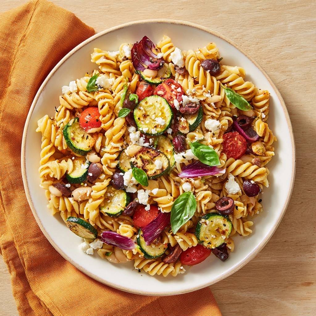 Mediterrane Fusilli mit Röstgemüse, serviert in einer Schüssel von oben, mit frischem Gemüse und Feta-Käse garniert.