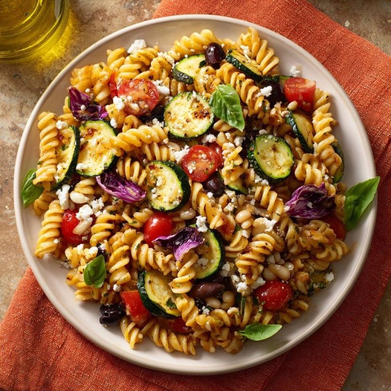 Mediterrane Fusilli mit Röstgemüse in einer Nahaufnahme von oben, garniert mit frischem Basilikum und Ziegenkäse. Ein leichtes und schmackhaftes Gericht.
