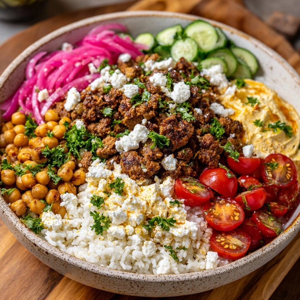 Mediterrane Hackfleisch-Bowl mit Hummus in einer Schüssel, serviert mit frischen Zutaten wie Hummus, Tomaten und Gurken, von oben betrachtet.