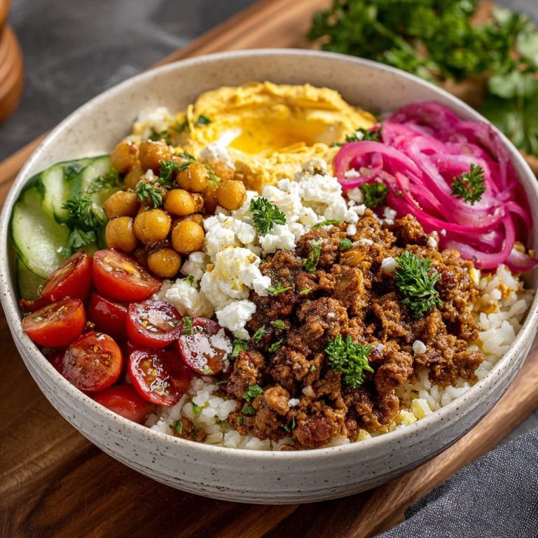 Mediterrane Hackfleisch-Bowl mit Hummus: Eine köstliche Draufsicht auf diese farbenfrohe Bowl, reichlich garniert und liebevoll angerichtet.