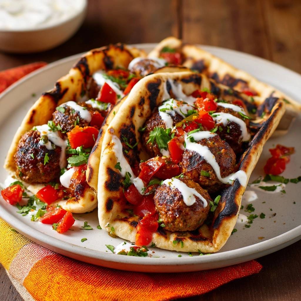 Mediterrane Hackfleisch-Pitas serviert auf einem Teller. Die saftigen Hackfleischbällchen werden mit Tomaten, Kräutern und cremiger Sauce in Pitas angerichtet.