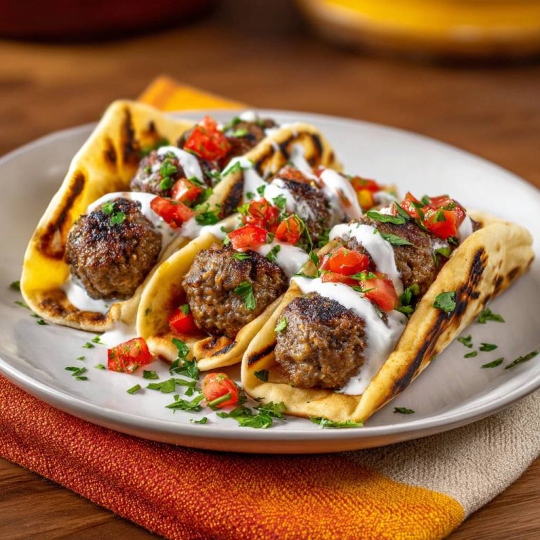 Mediterrane Hackfleisch-Pitas serviert auf einem Teller, garniert mit frischen Tomaten und Joghurt-Sauce. Ein köstliches Mittag- oder Abendessen.