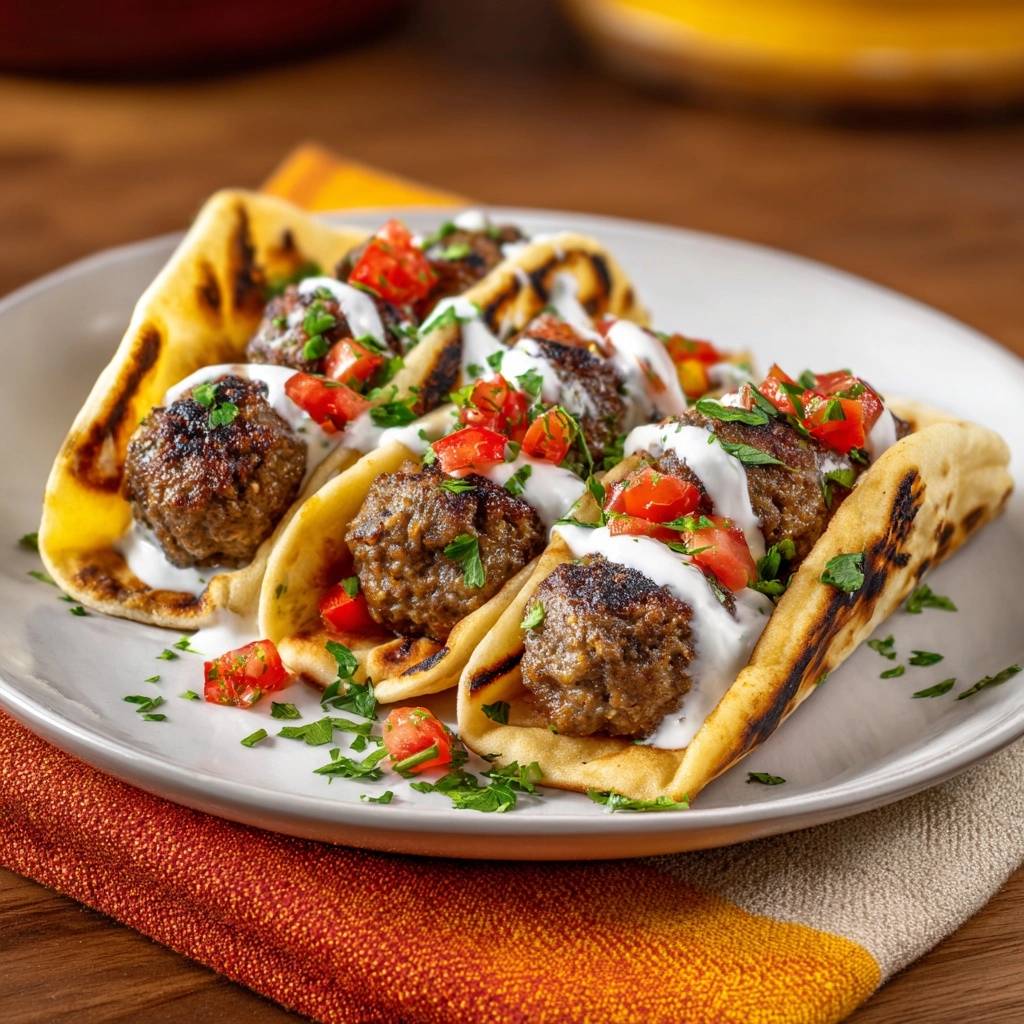 Mediterrane Hackfleisch-Pitas serviert auf einem Teller, garniert mit frischen Tomaten und Joghurt-Sauce. Ein köstliches Mittag- oder Abendessen.
