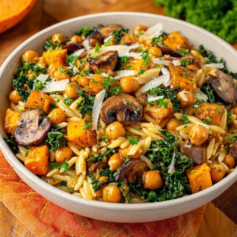 Mediterrane Orzo-Pfanne mit Röstgemüse, serviert in einer Schüssel und garniert mit frischer Petersilie und Parmesan.