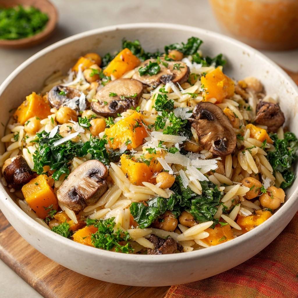 Mediterrane Orzo-Pfanne mit Röstgemüse in einer Schüssel, von oben gesehen. Das Gericht ist mit Gemüse und Kräutern garniert.
