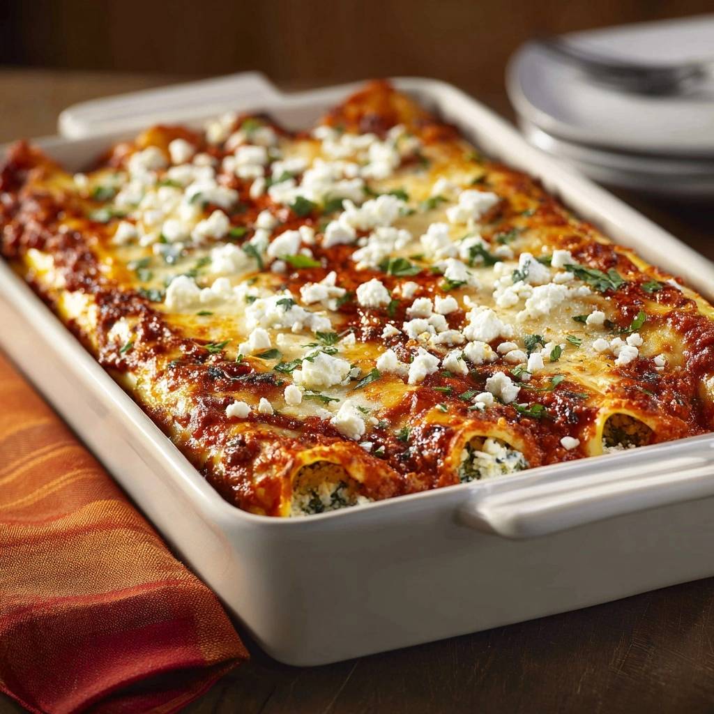 Mediterrane Spinat-Ricotta-Cannelloni in einer Auflaufform, garniert mit Feta und frischer Petersilie, von oben gesehen.