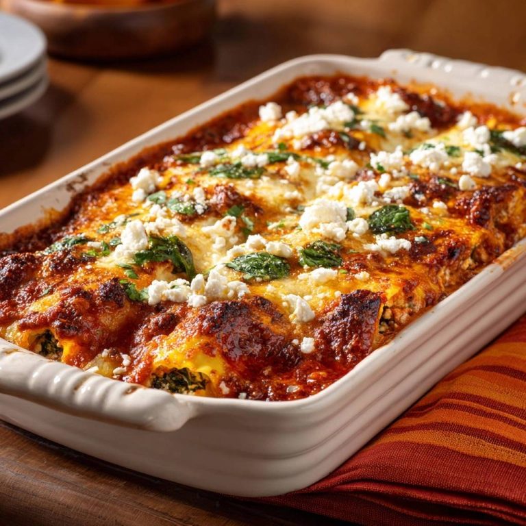 Mediterrane Spinat-Ricotta-Cannelloni in einer Auflaufform, von oben betrachtet, mit frischem Käse und Kräutern garniert.