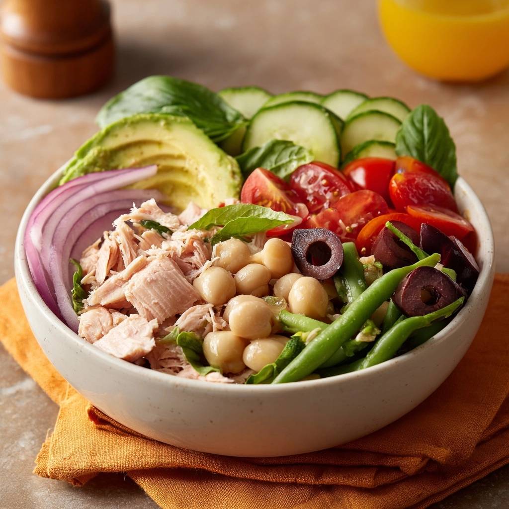Mediterrane Thunfisch Bowl Nahaufnahme 1 Mediterrane Thunfisch-Bowl mit Kichererbsen und Avocado in Nahaufnahme, die die frischen Zutaten und die Textur des Gerichts zeigt.