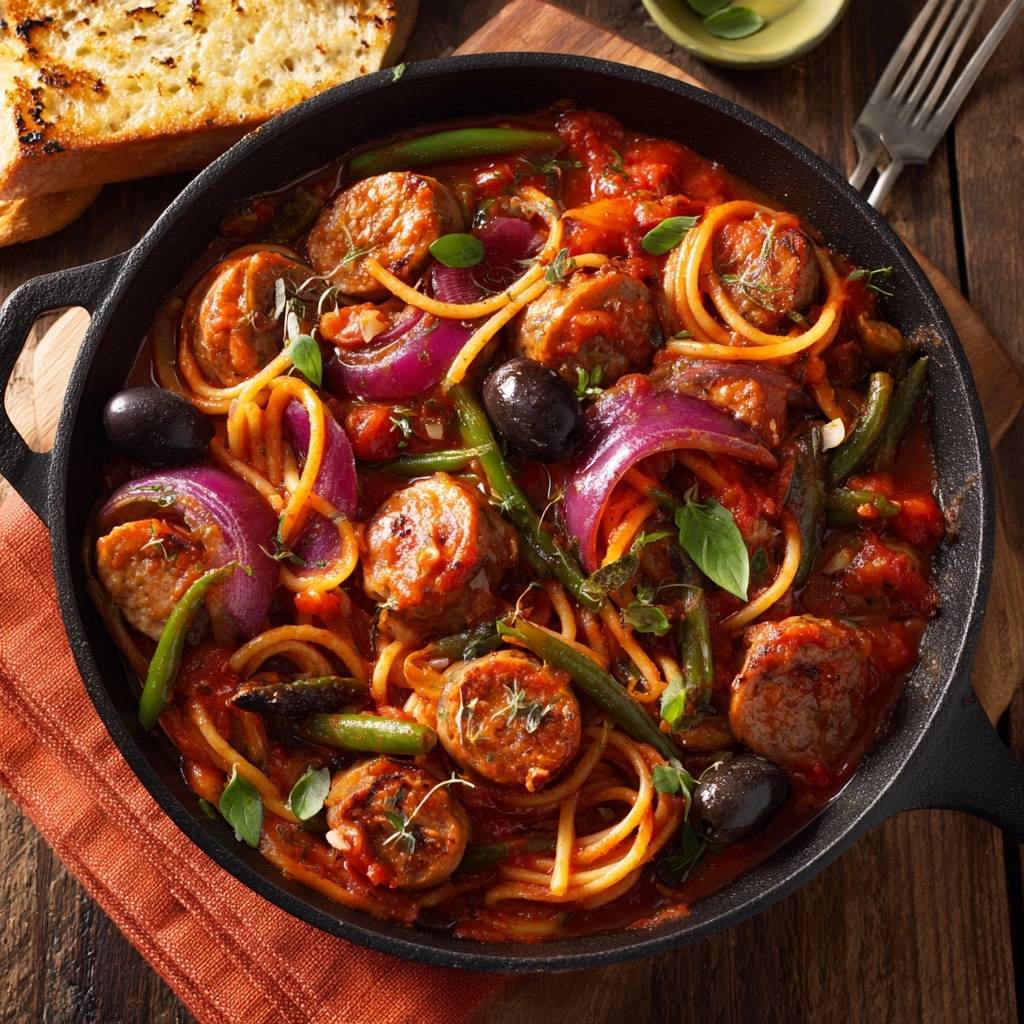 Mediterrane Wurst Pasta Pfanne Draufsicht 1 Mediterrane Wurst-Pasta-Pfanne in der Pfanne von oben, mit Würstchen, Nudeln, Zwiebeln, Oliven und frischen Kräutern serviert.