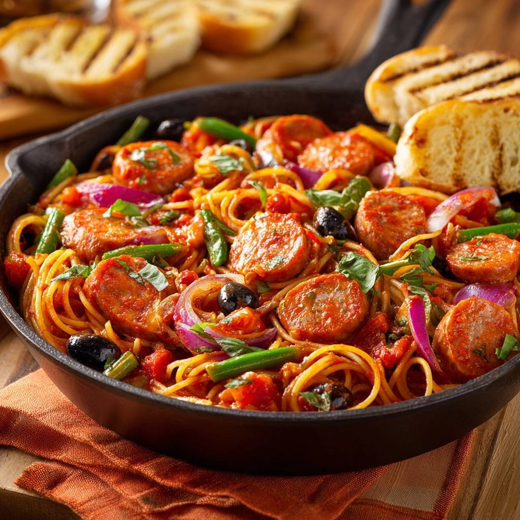 Mediterrane Wurst-Pasta-Pfanne in Nahaufnahme, serviert in einer gusseisernen Pfanne, mit frischen Zutaten und geröstetem Brot.
