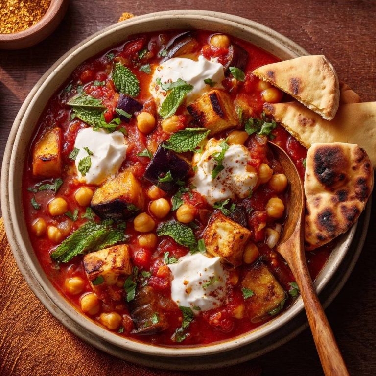 Mediterraner Auberginen-Kichererbsen-Eintopf ohne Matsch, serviert in einer rustikalen Schüssel, mit frischer Minze und Fladenbrot.