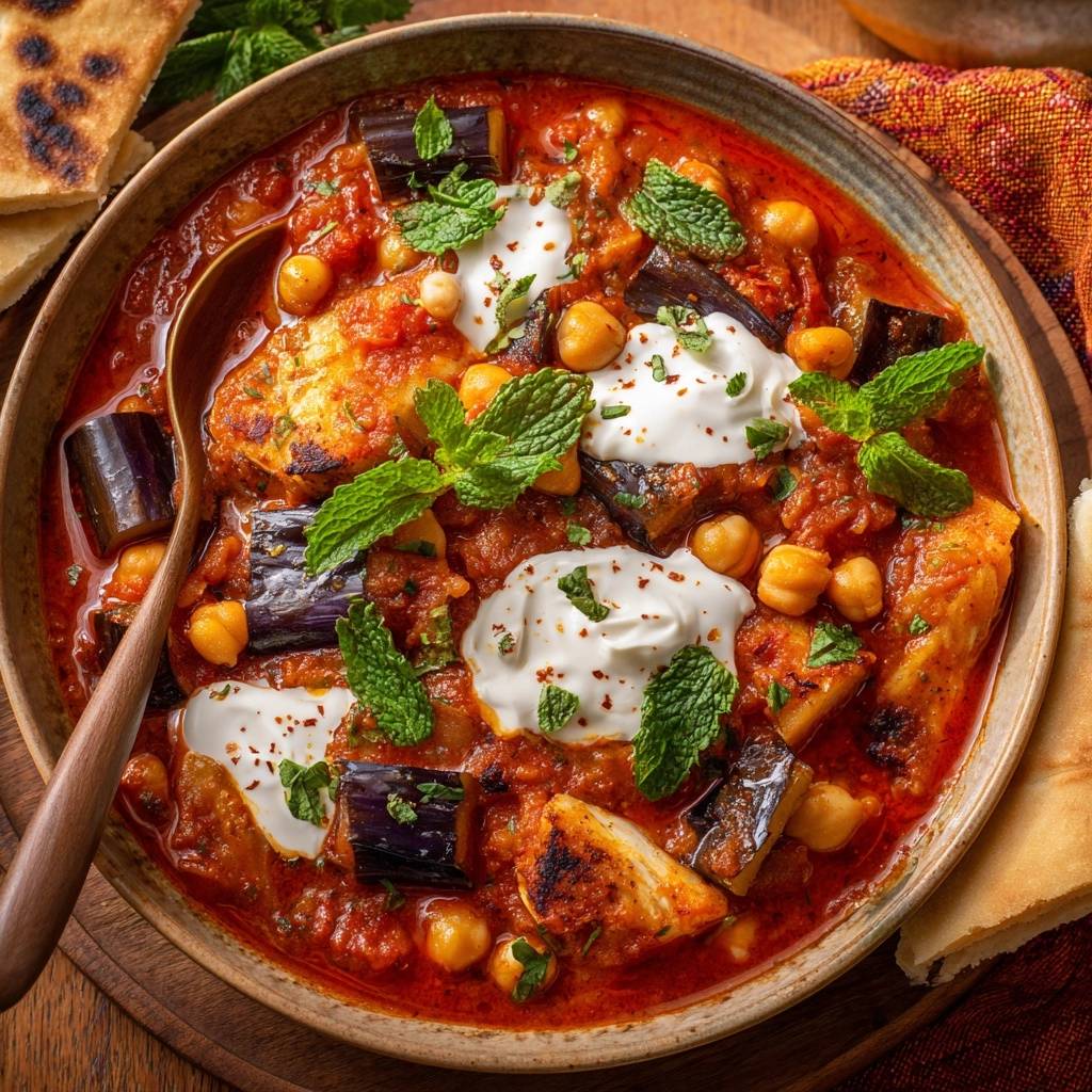 Mediterraner Auberginen-Kichererbsen-Eintopf, serviert mit Joghurt-Topping und frischer Minze, in einer Schüssel.