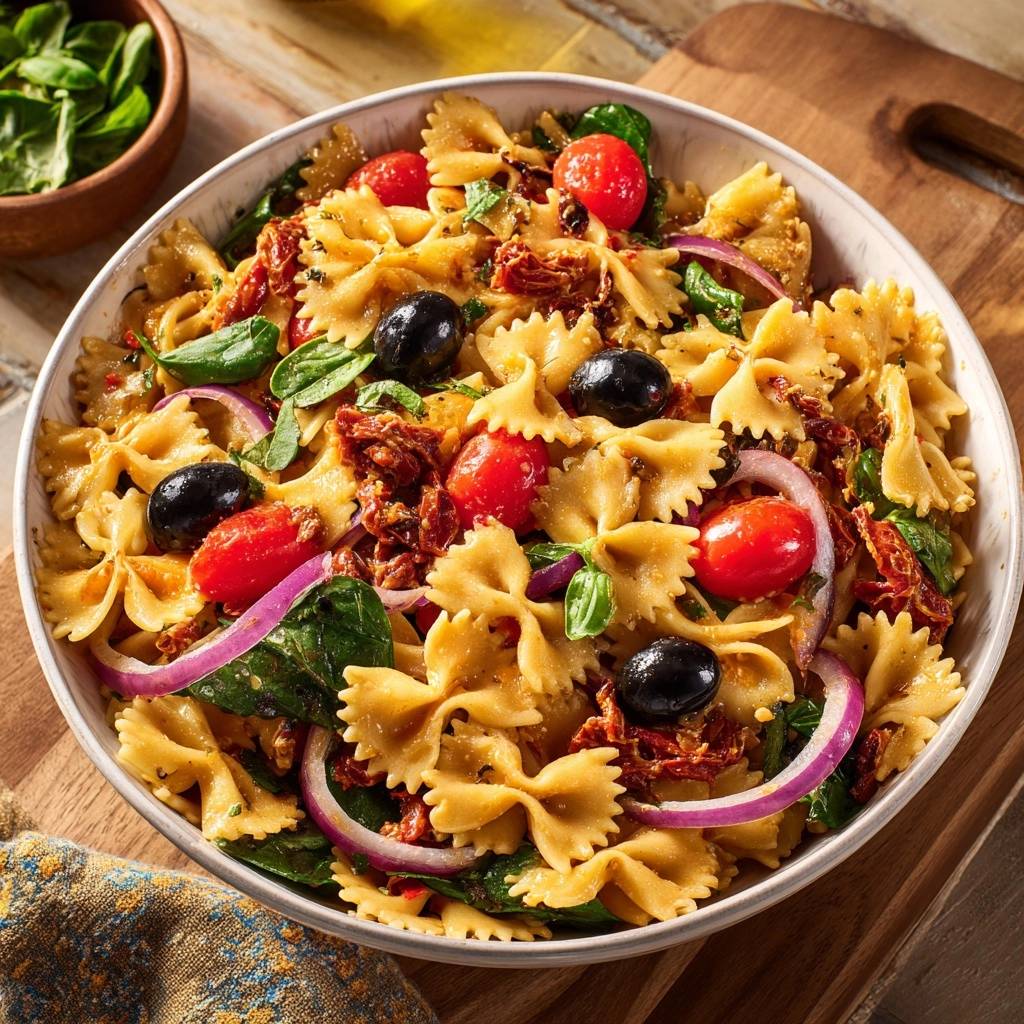 Mediterraner Farfalle Salat Draufsicht 1 Mediterraner Farfalle-Salat, serviert in einer Schüssel, mit Tomaten, Oliven, roter Zwiebel und frischem Basilikum von oben betrachtet.