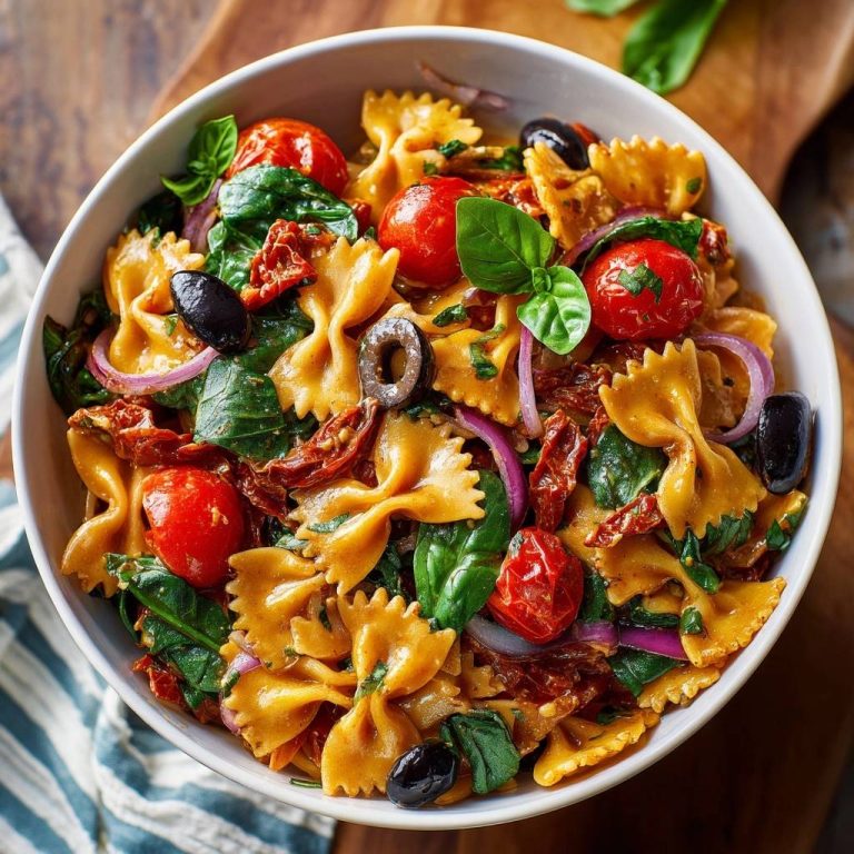 Mediterraner Farfalle-Salat: Eine appetitliche Draufsicht des frischen Pastasalats mit Cherrytomaten, Oliven und Basilikum in einer Schüssel.