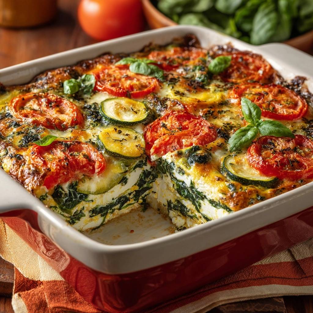 Mediterraner Gemüse-Ricotta-Auflauf mit Anschnitt, der die geschichteten Gemüse- und Ricotta-Schichten zeigt, garniert mit frischem Basilikum.