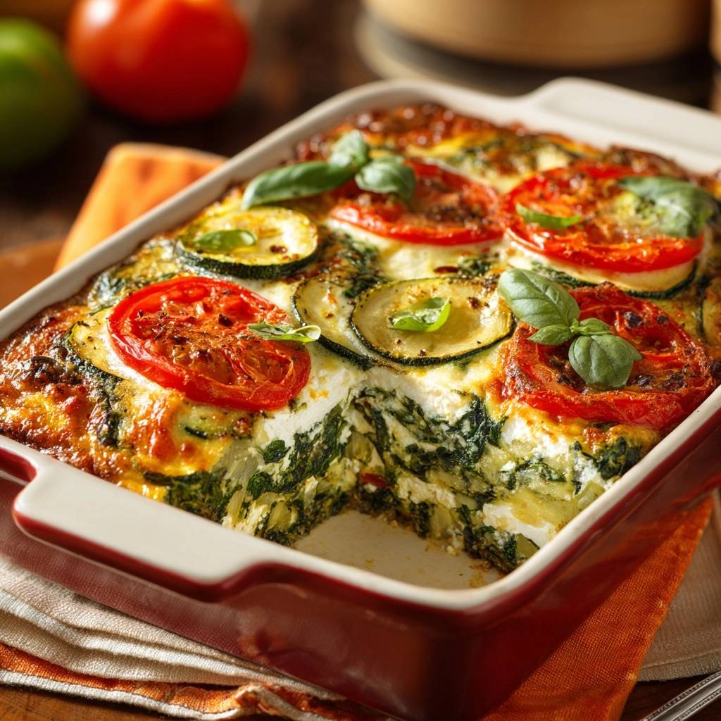 Mediterraner Gemüse-Ricotta-Auflauf mit Anschnitt, der die geschichteten Gemüse und den cremigen Ricotta-Kern zeigt. Ein köstliches vegetarisches Gericht.