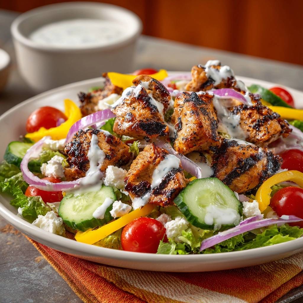 Mediterraner Grillhähnchen-Salat serviert auf einem weißen Teller, garniert mit frischem Gemüse und einem cremigen Dip. Gegrilltes Hähnchen liegt auf knackigem Salat.