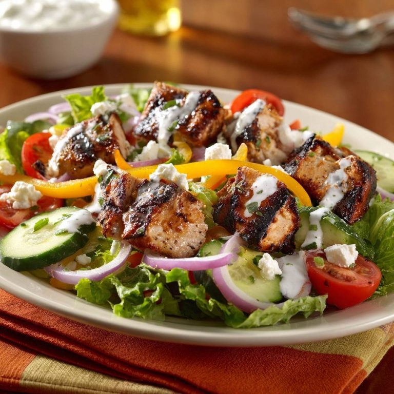 Mediterraner Grillhähnchen-Salat serviert auf einem Teller mit frischem Gemüse, Tomaten, Gurken und Fetakäse, garniert mit Joghurt-Dressing.