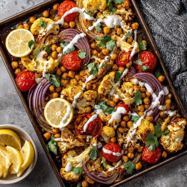 Mediterranes Röstgemüse vom Blech in einer Draufsicht, garniert mit frischer Petersilie und einem cremigen Dip. Ein köstliches vegetarisches Gericht mit geröstetem Gemüse.