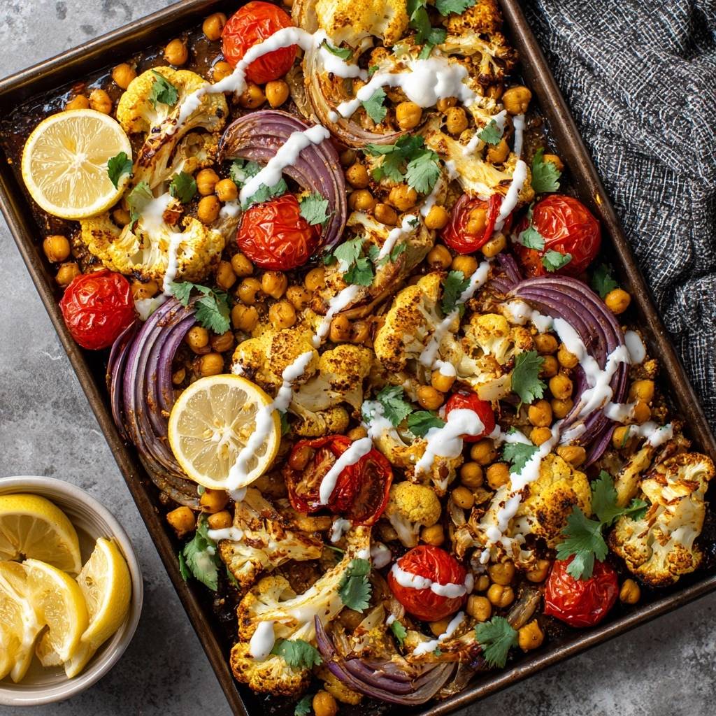 Mediterranes Röstgemüse vom Blech in einer Draufsicht, garniert mit frischer Petersilie und einem cremigen Dip. Ein köstliches vegetarisches Gericht mit geröstetem Gemüse.
