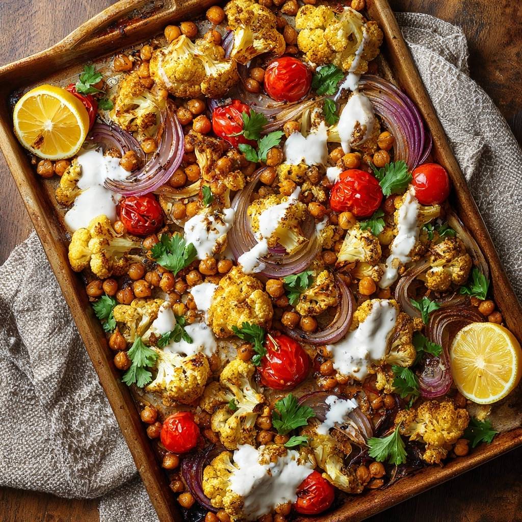 Mediterranes Röstgemüse vom Blech in einer Draufsicht, mit knusprigem Blumenkohl, Kichererbsen, Zwiebeln, Tomaten und Joghurt-Dressing.