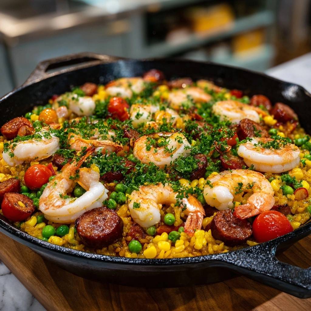 Meeresfruchte Paella Mit Chorizo Draufsicht 1 Meeresfrüchte-Paella mit Chorizo, serviert in einer gusseisernen Pfanne, mit Garnierung aus frischen Kräutern und köstlichen Zutaten.