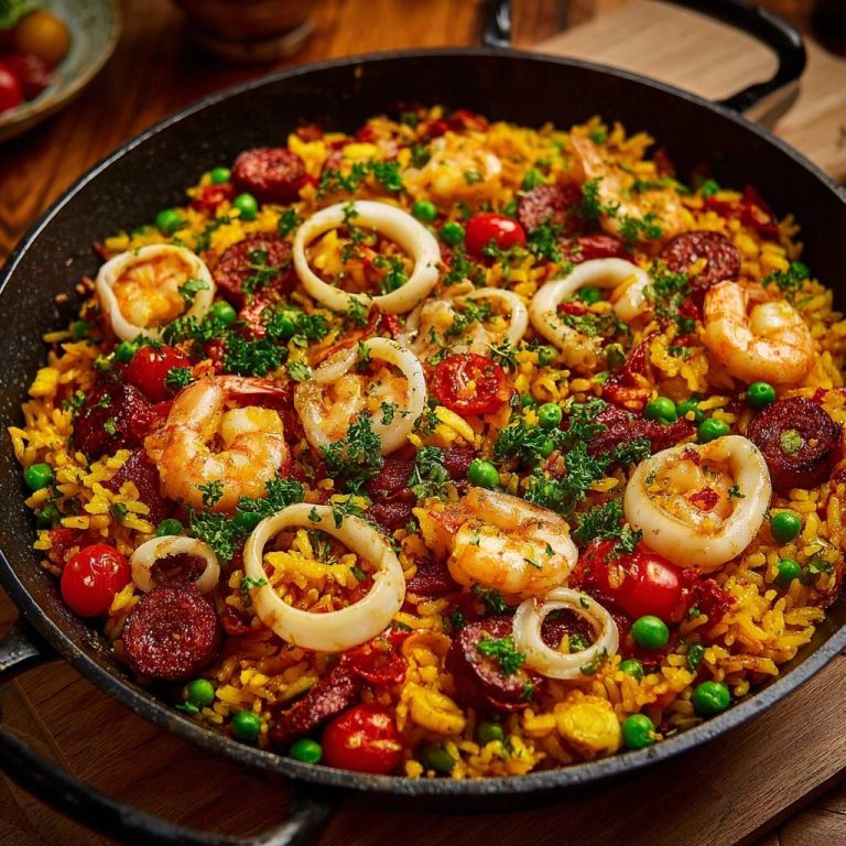 Meeresfrüchte-Paella mit Chorizo, die von oben in einer Pfanne serviert wird, mit Garnelen, Tintenfisch, Chorizo und Erbsen.