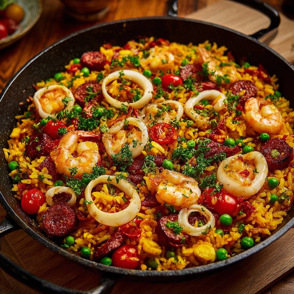 Meeresfrüchte-Paella mit Chorizo, die von oben in einer Pfanne serviert wird, mit Garnelen, Tintenfisch, Chorizo und Erbsen.