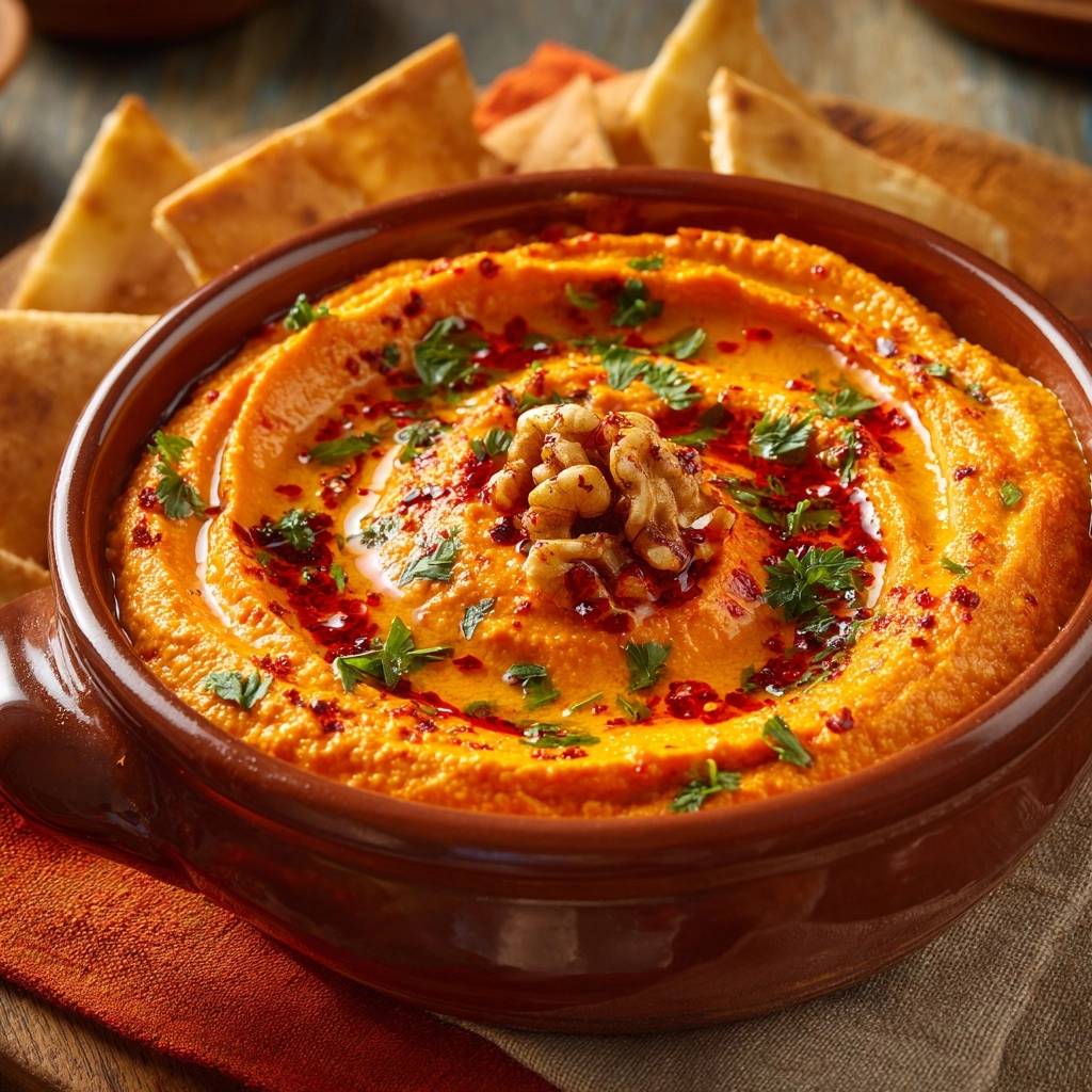 Muhammara – Cremiger Paprika-Walnuss-Dip, serviert in einer rustikalen Schüssel, garniert mit frischer Petersilie und Walnüssen, von oben fotografiert.